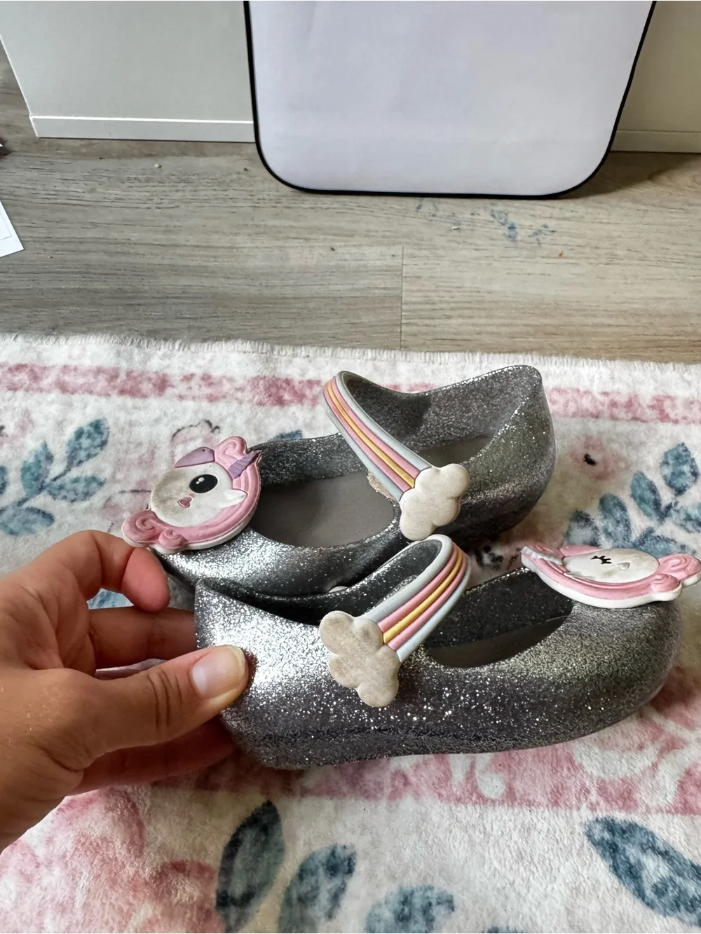 Mini Melissa Silver Glitter Mary Jane Shoes with Pink Unicorn Appliques